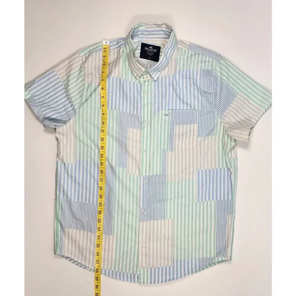 Hollister Patchwork Stripe Button Shirt L Blue Green‎ Casual Preppy